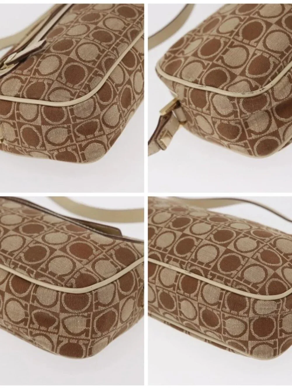 Salvatore Ferragamo Gancini Shoulder Bag Canvas Leather Beige Gold Auth BA7672